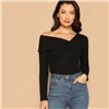 SHEIN, белая Асимметричная Однотонная футболка с круглым вырезом, вязанная в рубчик, приталенный, вечерние, Повседневный пуловер, рубашка с длинным рукавом, осень, женская футболка, Топ