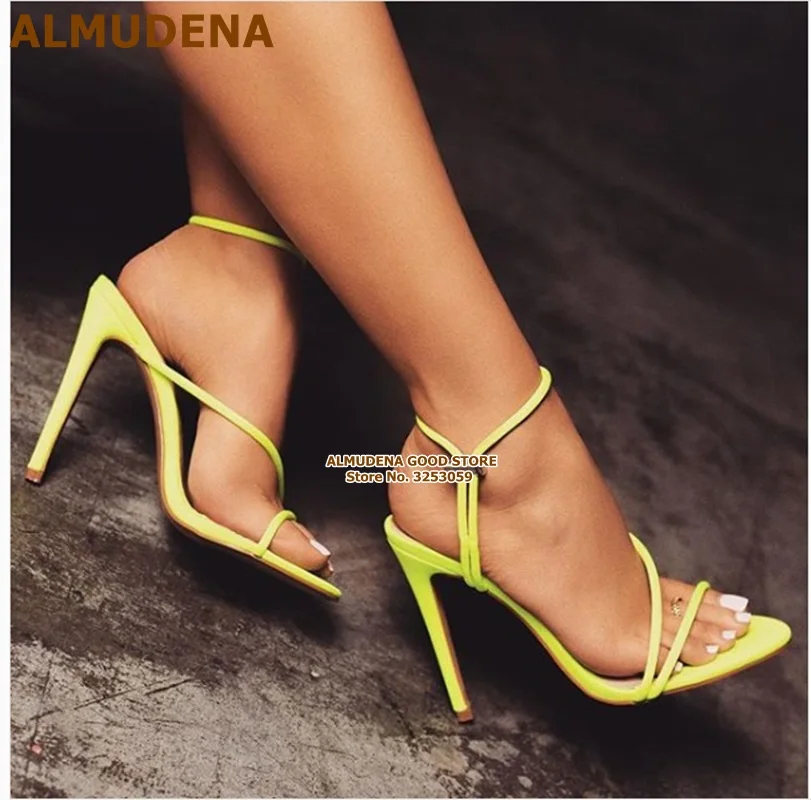 ALMUDENA/розовые, неоновые, желтые, с эластичной лентой, на высоком каблуке, садалии с металлической пряжкой, украшенные модельные туфли-лодочки с эластичными ремешками на тонком каблуке