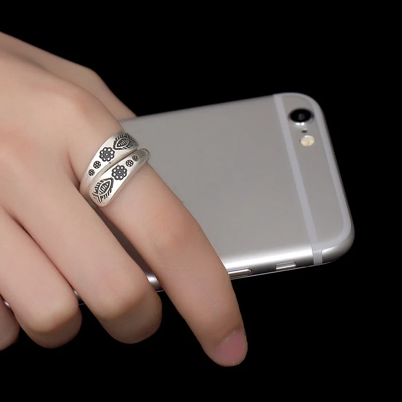 Ручной работы чистого серебра 990 кольца с рыбками для женщин цветок резьба тип