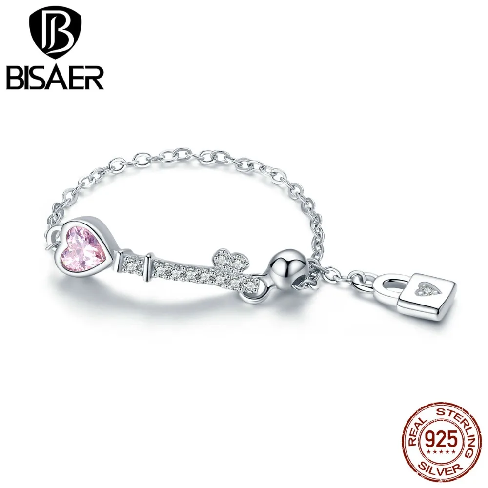 BISAER, 925 пробы, серебряный ключ любви, замок, кольца для женщин, длинная цепочка, розовый CZ, кольцо на палец, серебряное обручальное кольцо, ювелирное изделие ECR425
