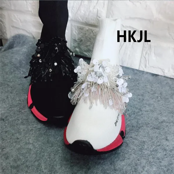 HKJL/Новинка, стразы, кисточка, плоская подошва, губка, Повседневные вязаные эластичные носки, обувь Baita, высокая помощь, женская обувь