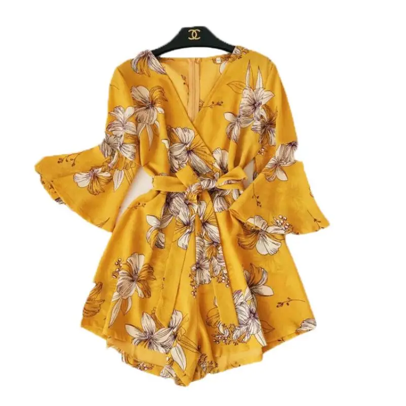 

Boho Chic Summer 2019 Beach Yellow Playsuits Sexy V Neck Flare Sleeve Loose Rompers Elegant Chiffon Floral Print Female Jumpsuit