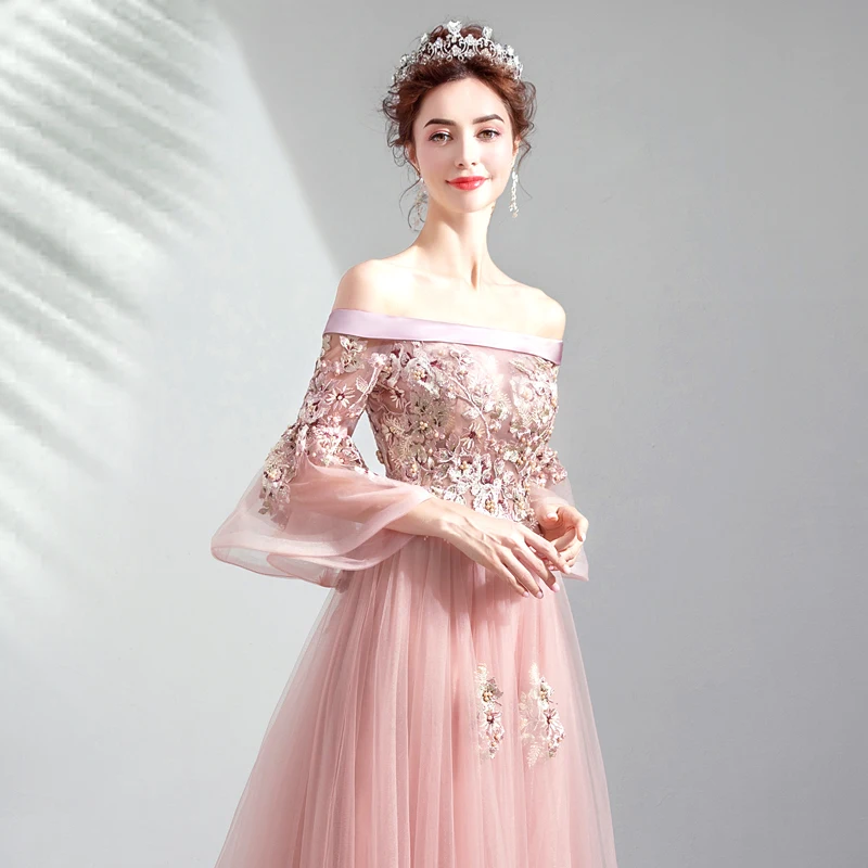 Женское вечернее платье до пола SSYFashion розовое с вырезом лодочкой рукавами 2019 и