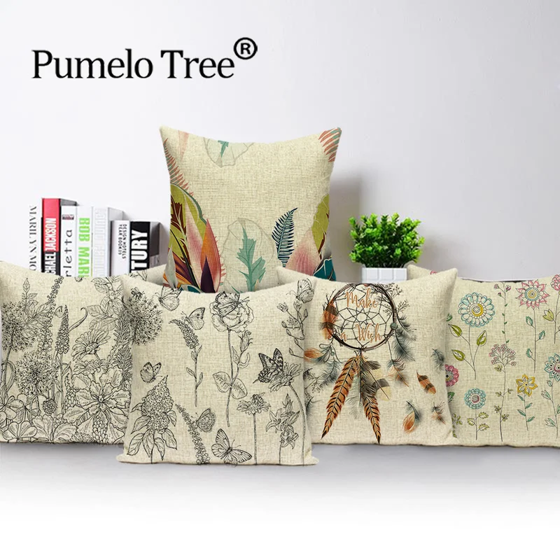 Винтажный чехол для подушки с цветочным принтом потертый шик перо растение