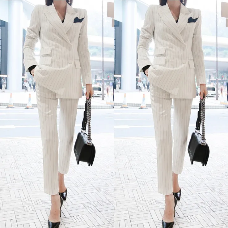 

women's OL fashion elegant white stripe Slim double-breasted Suits professional suit female suit two-piece Long Pant Suits