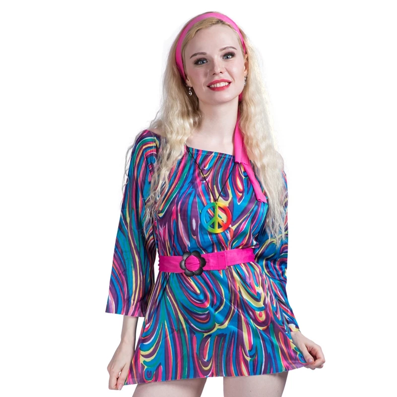 Для взрослых дам 60s 70s Groovy Хиппи девушка Вихрь Ретро маскарадный костюм| |