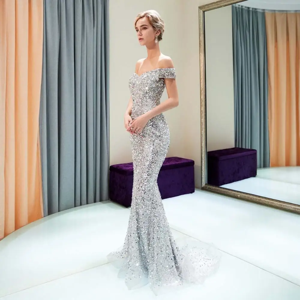 

Silver Evening Dresses Walk Beside You 2019 High-end Beaded Sequined Bling Sparkle Mermaid Off Shoulder Sweetheart Prom Gowns