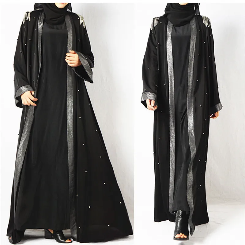 Черное мусульманское кимоно с бриллиантами длинное платье кардиган халат туника