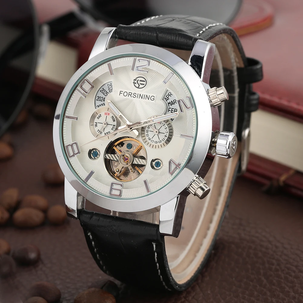 Tourbillon Сталь Скелет механические часы с автоподзаводом натуральная кожа