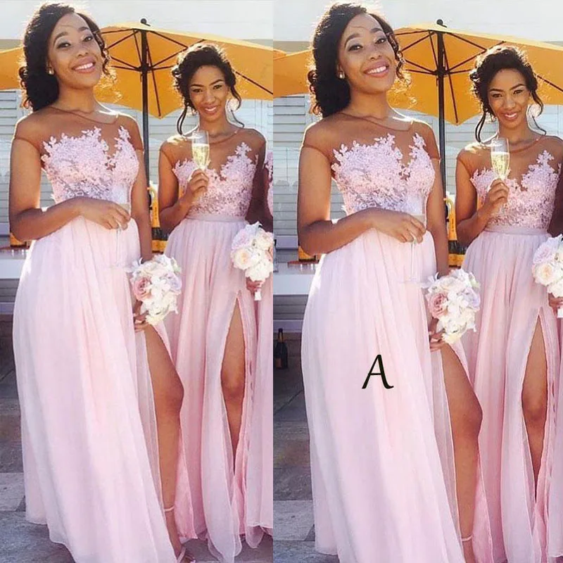 Simple custom made cheap pearl pink long illusion lace chiffon wedding bridesmaid dresses women party dresses 2019
