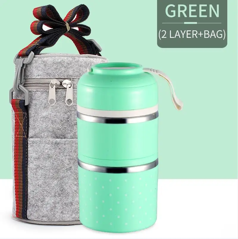 Green 2 With Bag Герметичный Ланч-бокс из нержавеющей стали милый японский термо-бокс для детей портативный контейнер для еды для пикника и школы столовая посуда - Цвет: Green 2 With Bag
