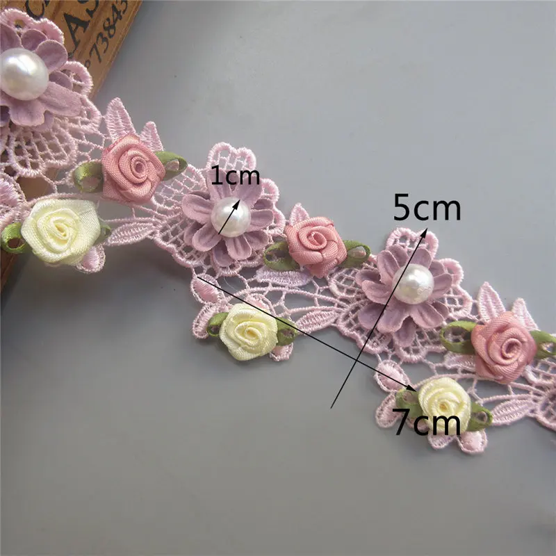 A163-Pink 5cm Растворимый полиэстер 3D Красочные цветы жемчужина вышитые кружева отделка ленты из ткани, шитье ручной работы ремесло для костюм шляпа украшения - Цвет: A163-Pink 5cm