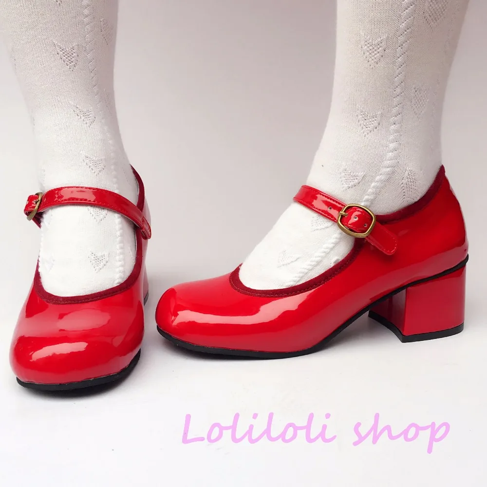 

Princess sweet lolita shoes Japanese design customized special shaped red mirror tie chunky heel shoes 9149aa