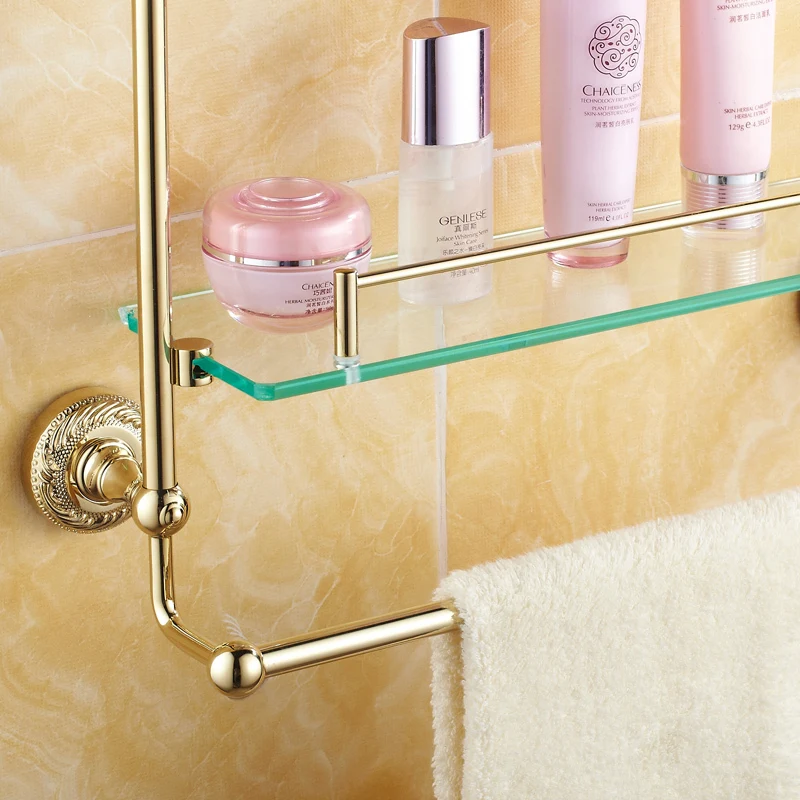 The new patent wide copper and gold antique makeup double towel bar Continental shelf with glass shelving units Goods|towel offers|towel