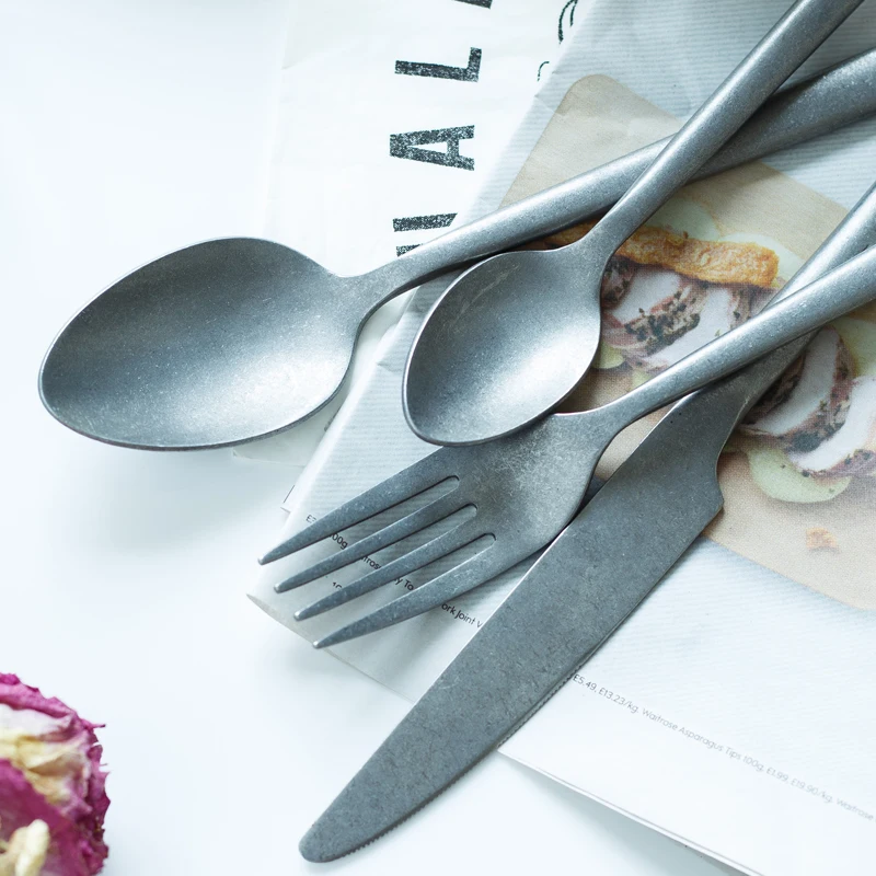 4 pcs of Handmade Brushed retro old stainless steel European knife and fork set Western | Дом и сад