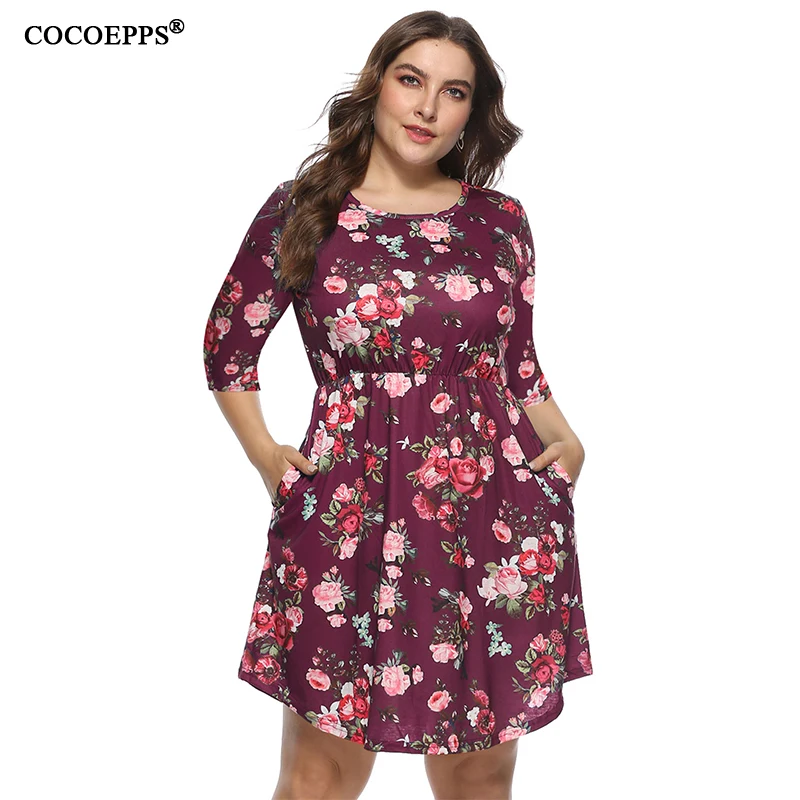

2019 Floral Print Vintage Party Dress Vestidos Three Quarter Sleeve Women Spring Mini Plus Size Dress Woman Boho Beach Dress
