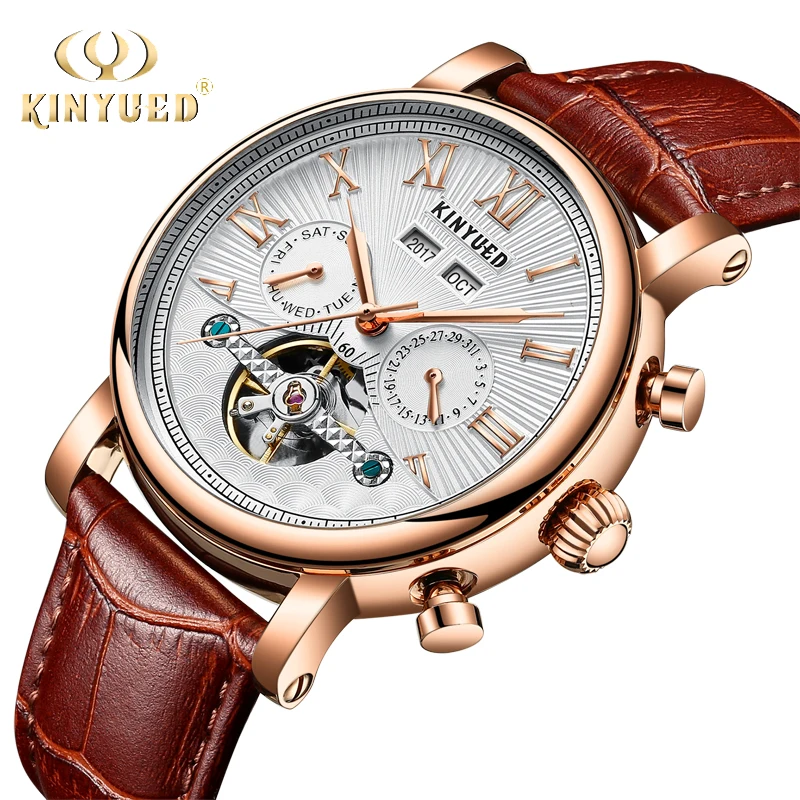 KINYUED Tourbillon Watch Men Perpetual Calendar Skeleton Mens Automatic Mechanical Watches Multifuntional Relogio Masculino | Наручные