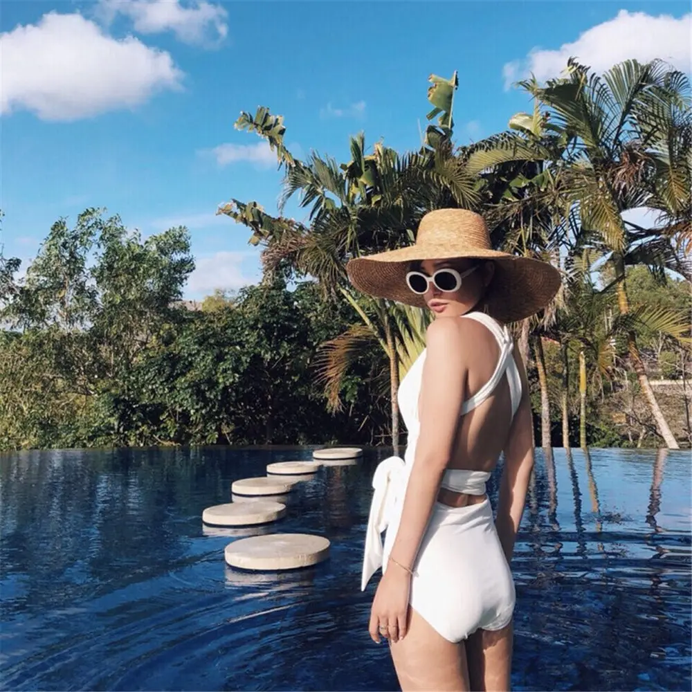 Сексуальный слитный купальник с высоким вырезом однотонный женский белый