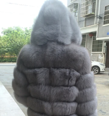 gray FURSARCAR Новая модная синяя шуба из натурального Лисьего меха, женская короткая зимняя куртка с большим меховым капюшоном, теплое пальто из натурального меха - Цвет: gray