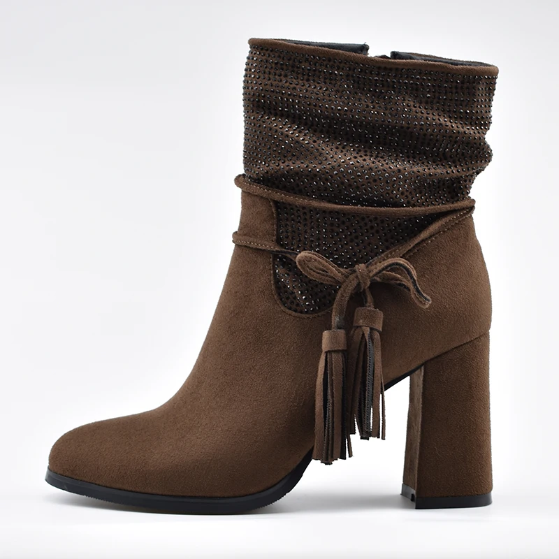 2019 г. Новые модные брендовые женские замшевые ботильоны на высоком квадратном