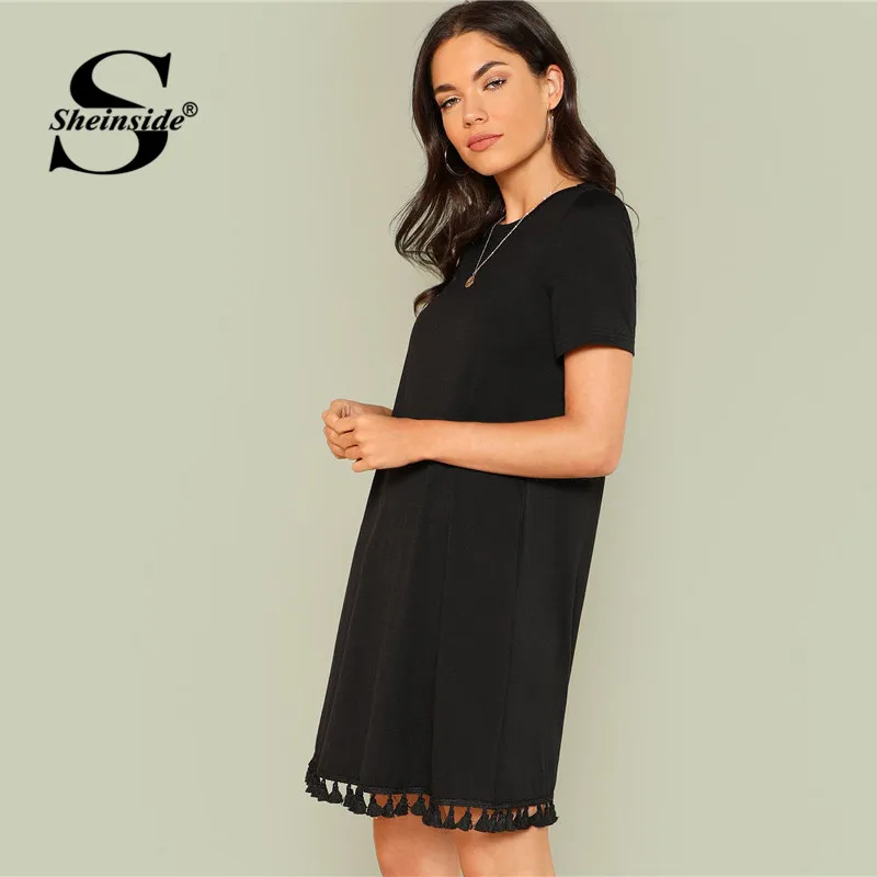Sheinside, платье для офиса, Женская рабочая одежда, карманы, кисточка, элегантное платье, летнее, короткий рукав, простое, повседневное, короткое платье