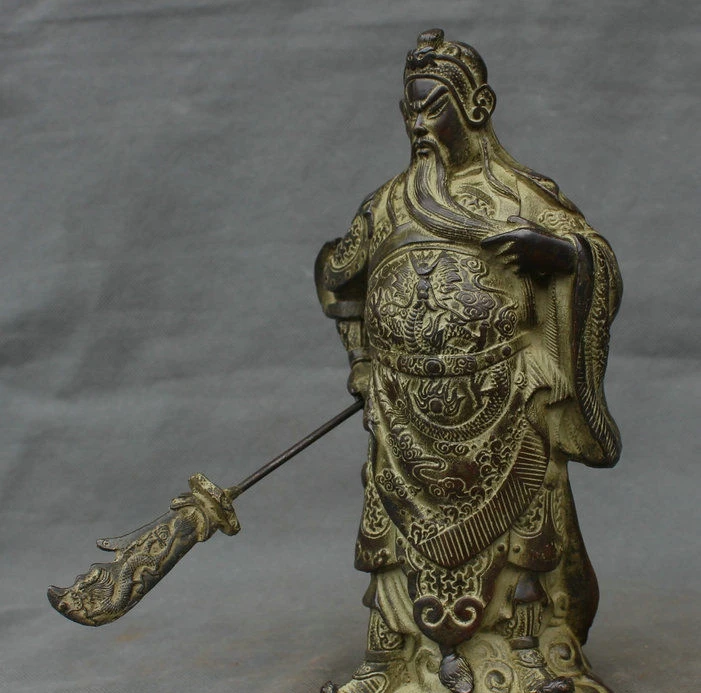 10 &quotКитайский чистый Бронзовый Стенд Guan Gong Yu воин Дракон держать мечи статуя W |