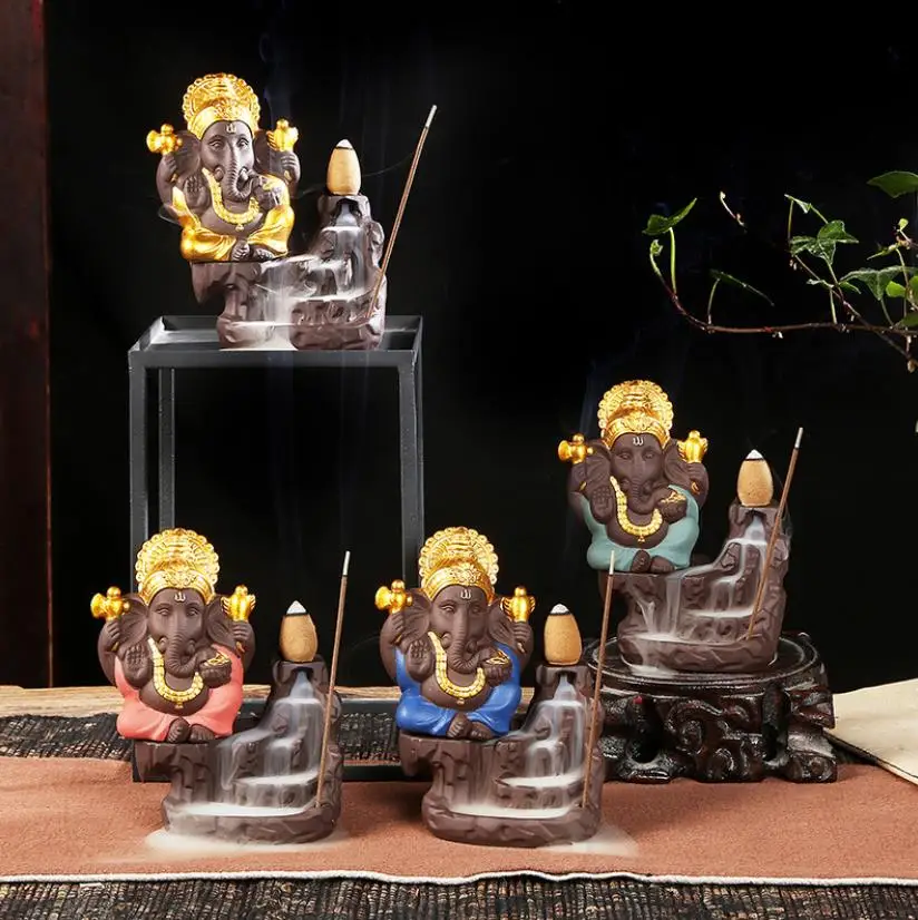 Слон Бог Ganesha курильница с обратным потоком фиолетовая глина буддийский домашний