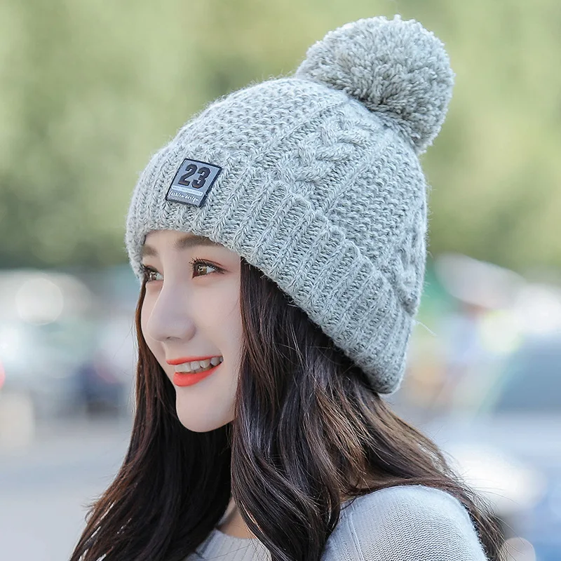 2019 меховые шары помпоны зимняя женская шапка Модные однотонные теплые шапки
