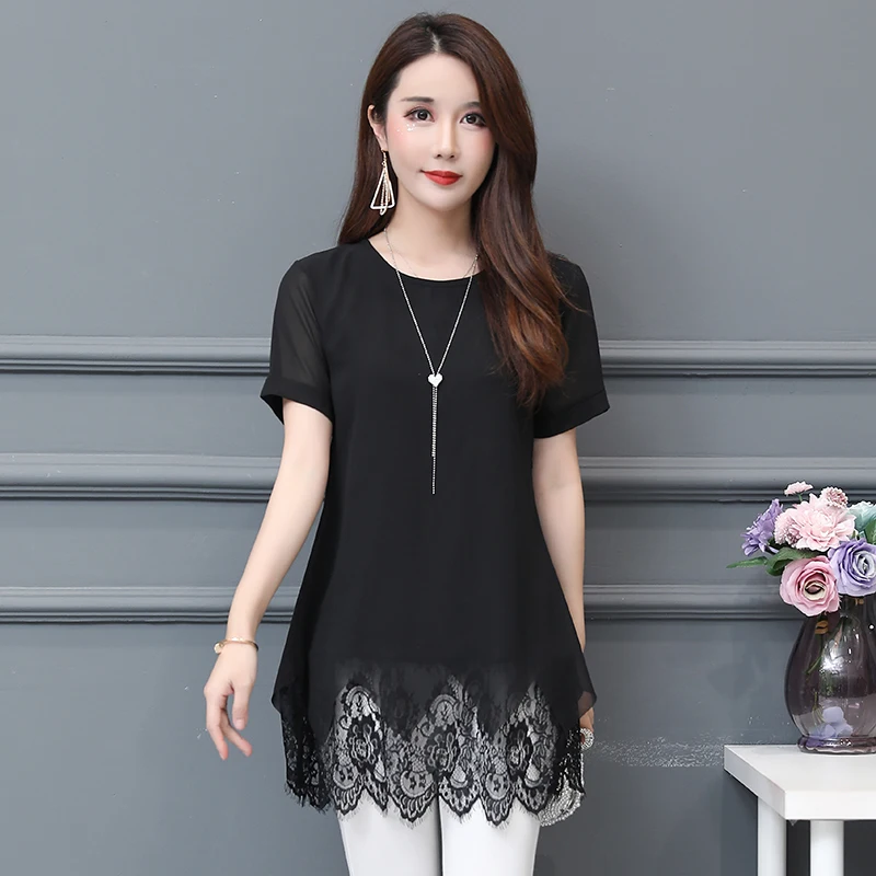 Black Длинная туника, топы 5XL 4XL 3XL размера плюс для женщин, короткий рукав, пэтчворк, имитация двух частей, ажурный, вязанный кружевной топ, блузка, рубашки - Цвет: Black