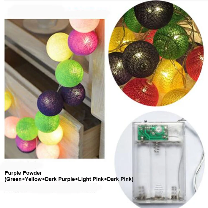 Purple Powder 2 шт./лот, Рождественская гирлянда, 3 м, 20 светодиодный светильник, s, 6 см, глобус, хлопковый шар, светильник, цепочка, Guirlande, Lumineuse Boule, декоративный светильник s - Испускаемый цвет: Purple Powder