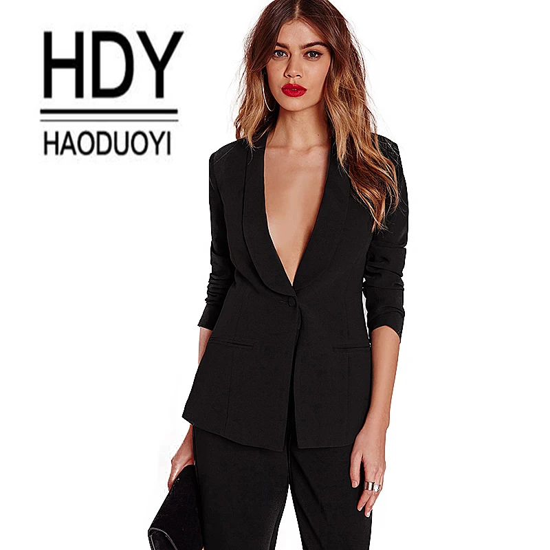 Haoduoyi черные офисные брюки костюм Набор Женский Повседневный тонкий элегантный женский костюм пальто V образным вырезом сексуальный шикарный комплект костюм Блейзер или брюки