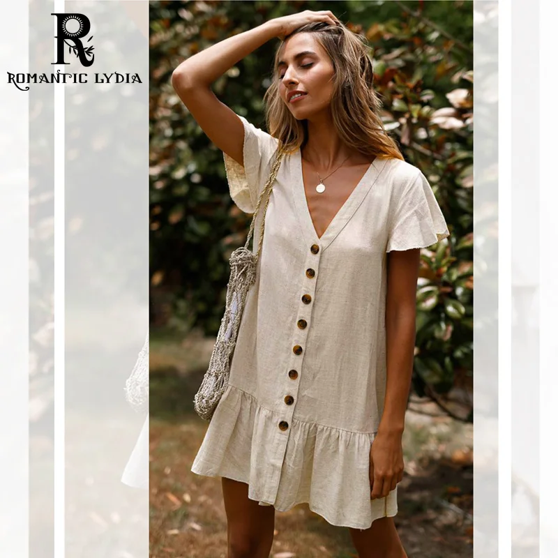 Летнее винтажное льняное платье Coton Button абрикосовое повседневное Короткое мини с