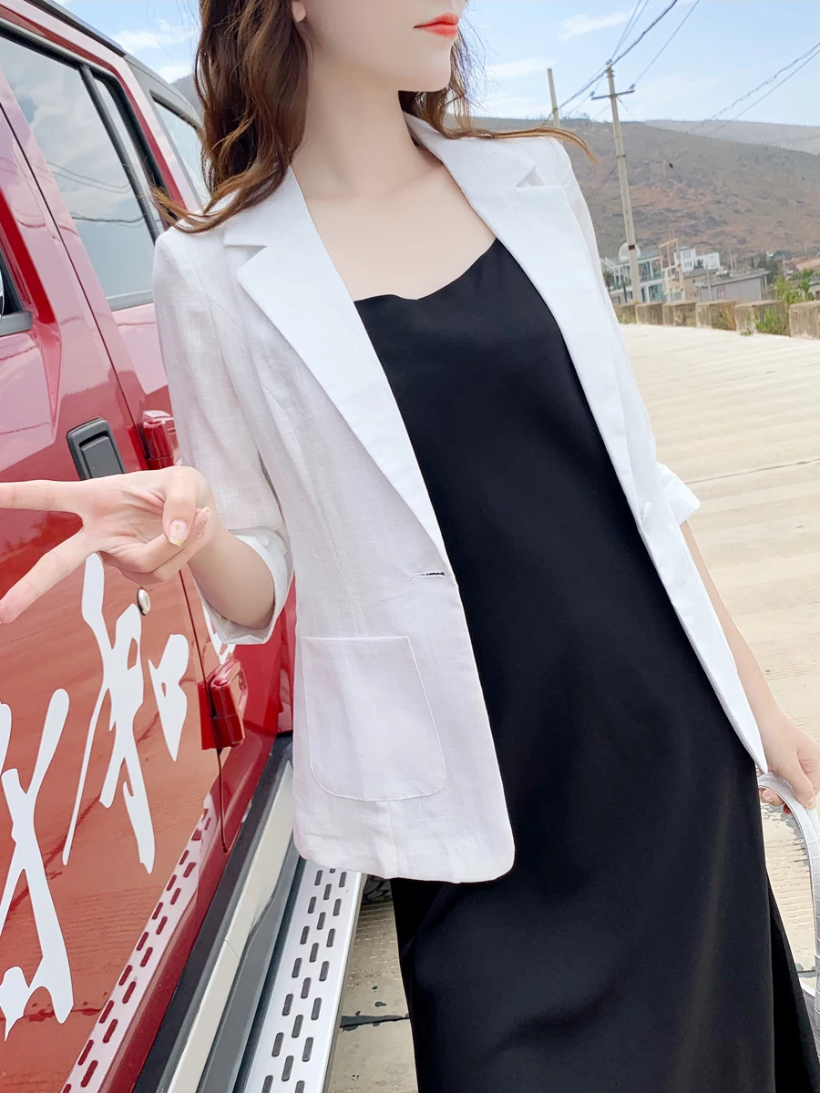 Linen small suit female one button coat thin section summer white black cotton linen Slim casual seven-point sleeve | Женская одежда