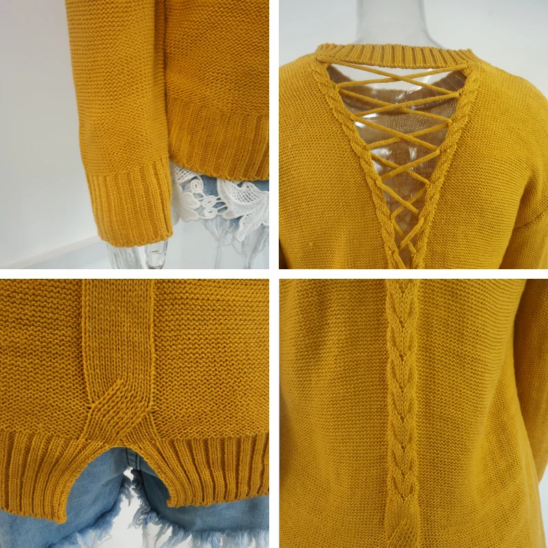 Женский свитер Bella Philosophy серый желтый хаки Повседневный на шнуровке сзади с