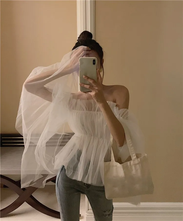 Сексуальная Блузка с расклешенными рукавами и открытыми плечами летний