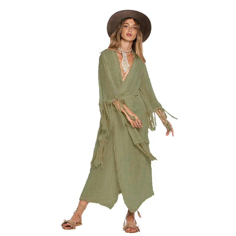 Повседневное однотонное Boho Макси женское платье с кисточками винтажные пляжные