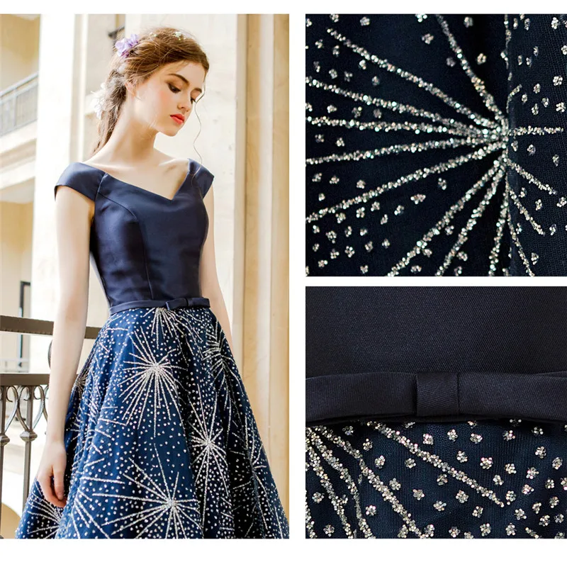 Коктейльные Платья Темно-Синий It's YiiYa, V-образным Вырезом, Зашнуровать Модельер Роскошные Элегантные, Bling Crystal Коктейльное Платье, LX281, Лето