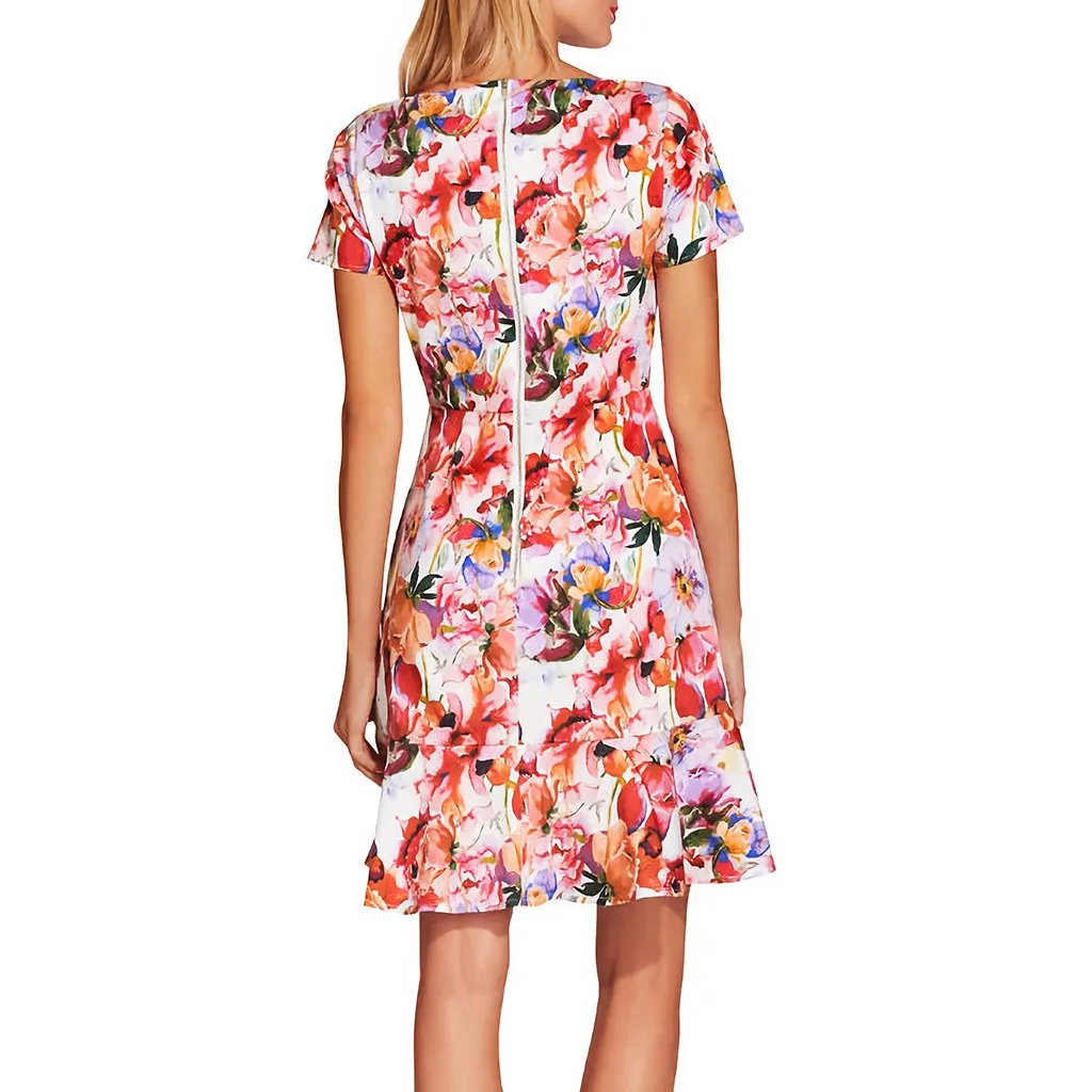 Летние Для женщин с цветочным принтом О образным вырезом коротким рукавом