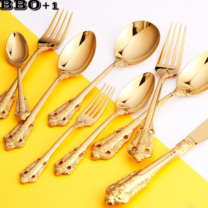 

1pc Wedding Cutlery GoldenVintage Knife Fork Spoon Stainless Steel Gold Dinnerware set Western Retro Christmas Tableware Gift