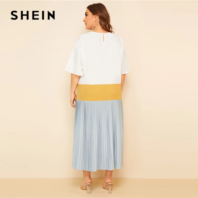 SHEIN, разноцветное плиссированное платье с открытыми плечами размера плюс,, женское летнее Повседневное платье-туника с рукавом до локтя