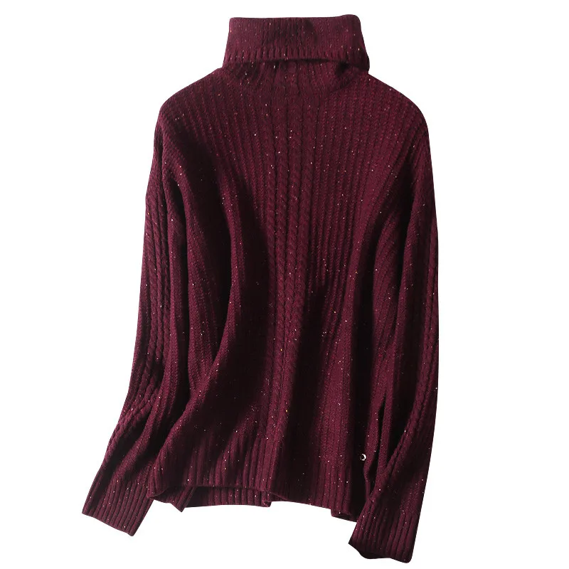 

Новая мода, тонкая шерсть, смешанная пряжа, толстый вязаный женский Повседневный пуловер, свитер с высоким воротом, бордовый, 2 цвета, M/L