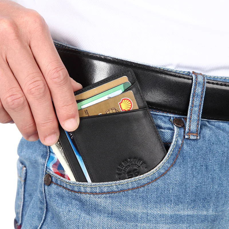 RFID blocking Genuine Leather Men Small Wallet Business Real Leather Anti-RFID Male credit card& ID holder With Coin Pocket