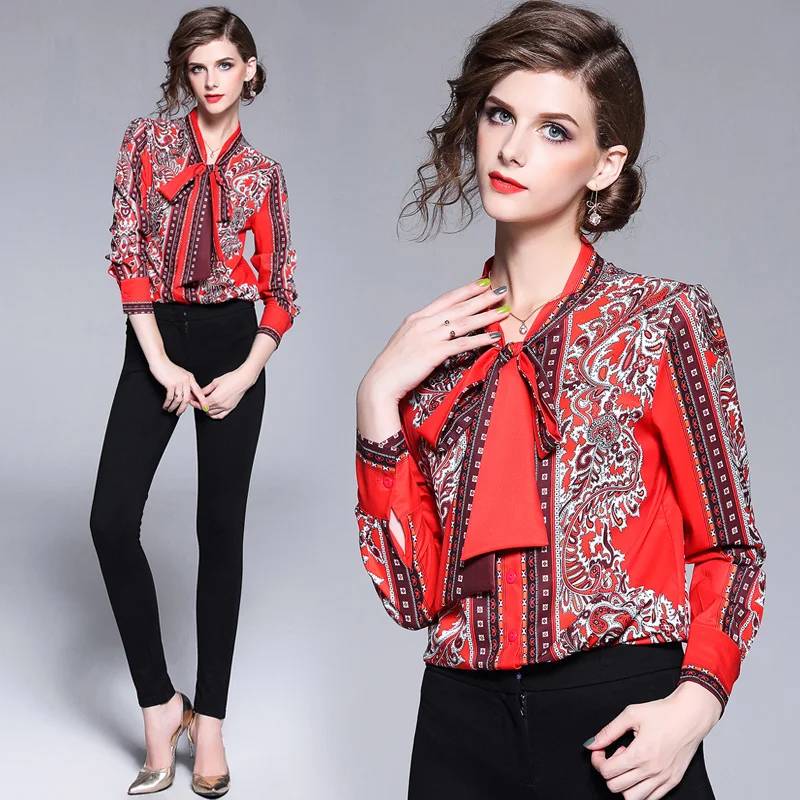 

Women Shirts 2019 Floral Print Lace Up Bow Tie Stand Collar Long Sleeve Chiffon Blouse Top Female Red Sweet Ladies Office Shirt