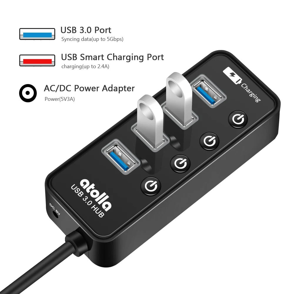 Atolla usb 3,0 концентратор с адаптером питания, 4+ 1 передачи данных и зарядки многопортовый, высокоскоростной 5 Гбит/с USB разветвитель для MacBook Air