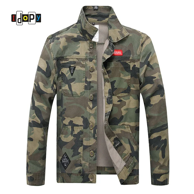 Idopy Для мужчин джинсовая куртка с камуфляжным принтом Slim Fit камуфляжная кепка