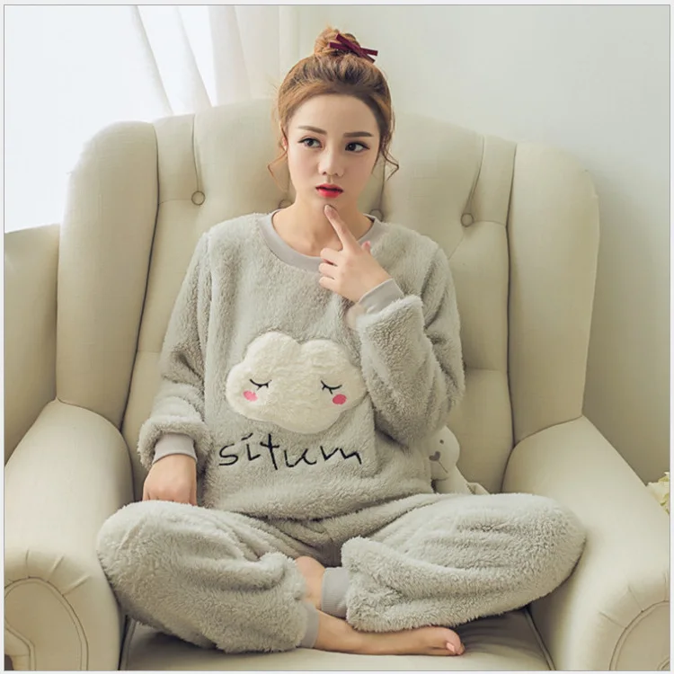 Женские пижамные комплекты с круглым вырезом, с принтом, с длинным рукавом, Kawaii, простые пижамы для женщин, Корейская зима, мультяшная Милая Домашняя одежда, Модный шик - Цвет: 11