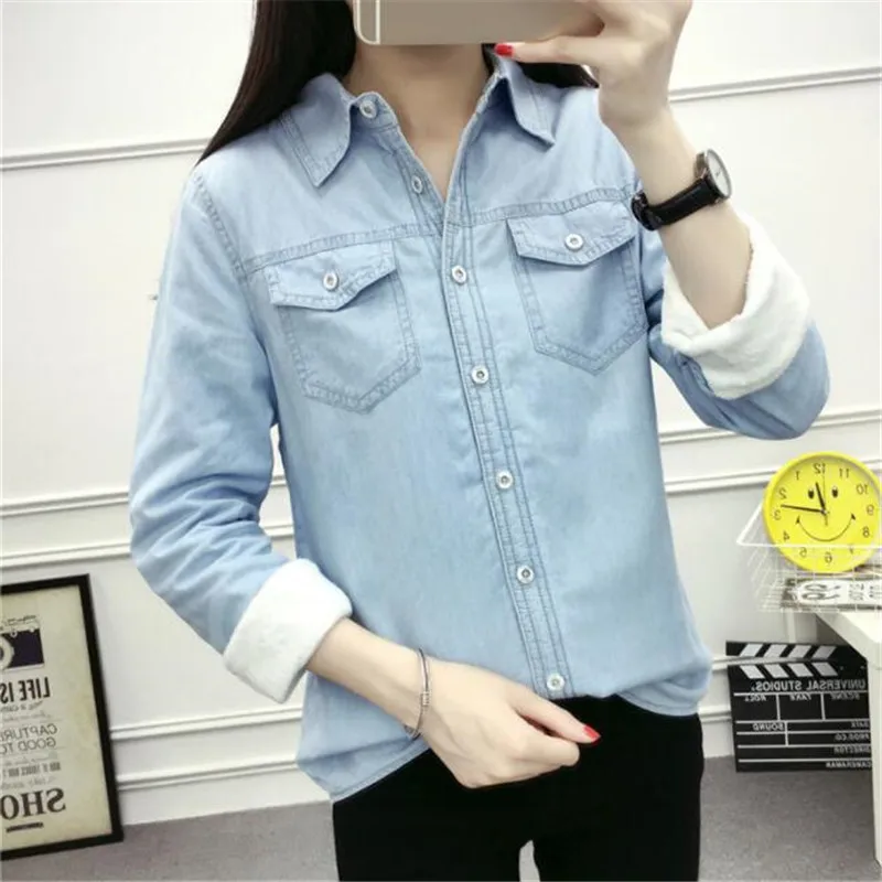Winter long sleeve denim warm plus velvet shirt ladies casual solid color tops 2019 new wild Denim female AS819 | Женская одежда