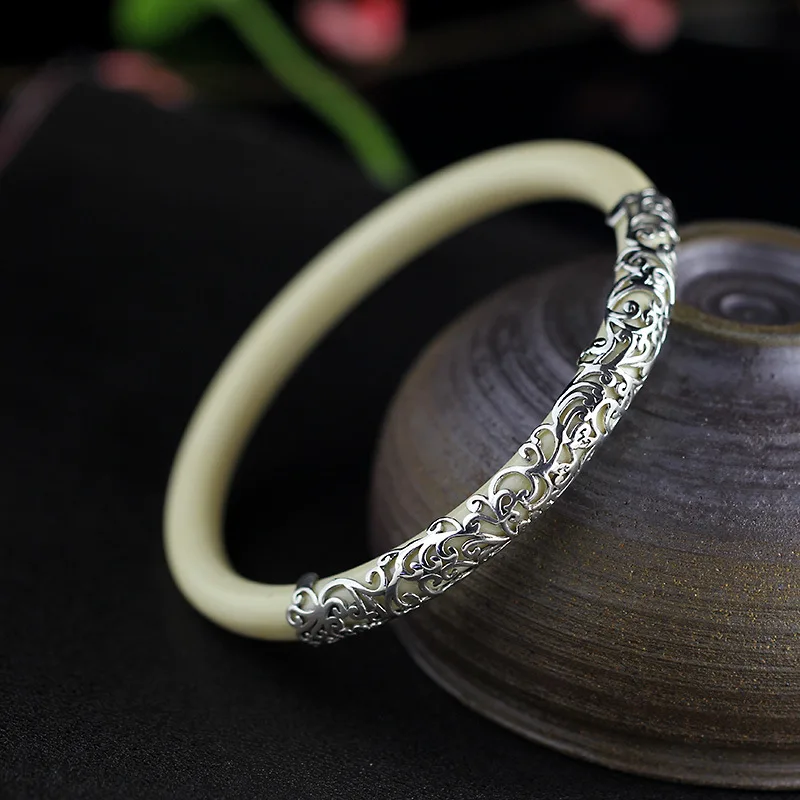 Женский винтажный браслет из серебра 100% пробы с цветком|bracelet bangle for women|bracelet