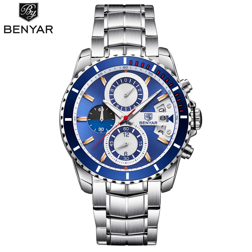 silver blue BENYAR новые часы Мужские Роскошные Топ бренд хронограф Дата спортивные нержавеющая сталь кварцевые мужские часы s Relogio Прямая поставка - Цвет: silver blue