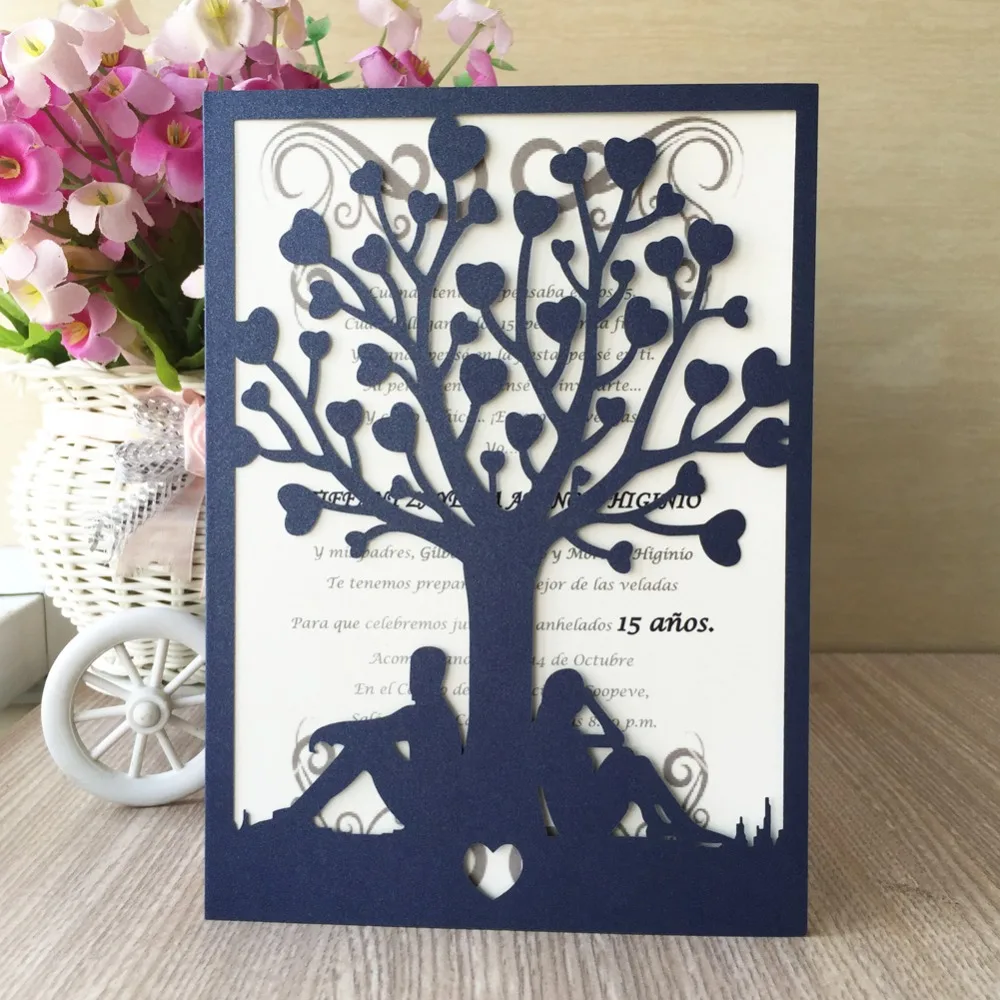 2017 New Free shipping Royal blue gold love tree bride&ampgroom designed elegant laser cut wedding invitations cards 25pcs/lot | Дом и сад